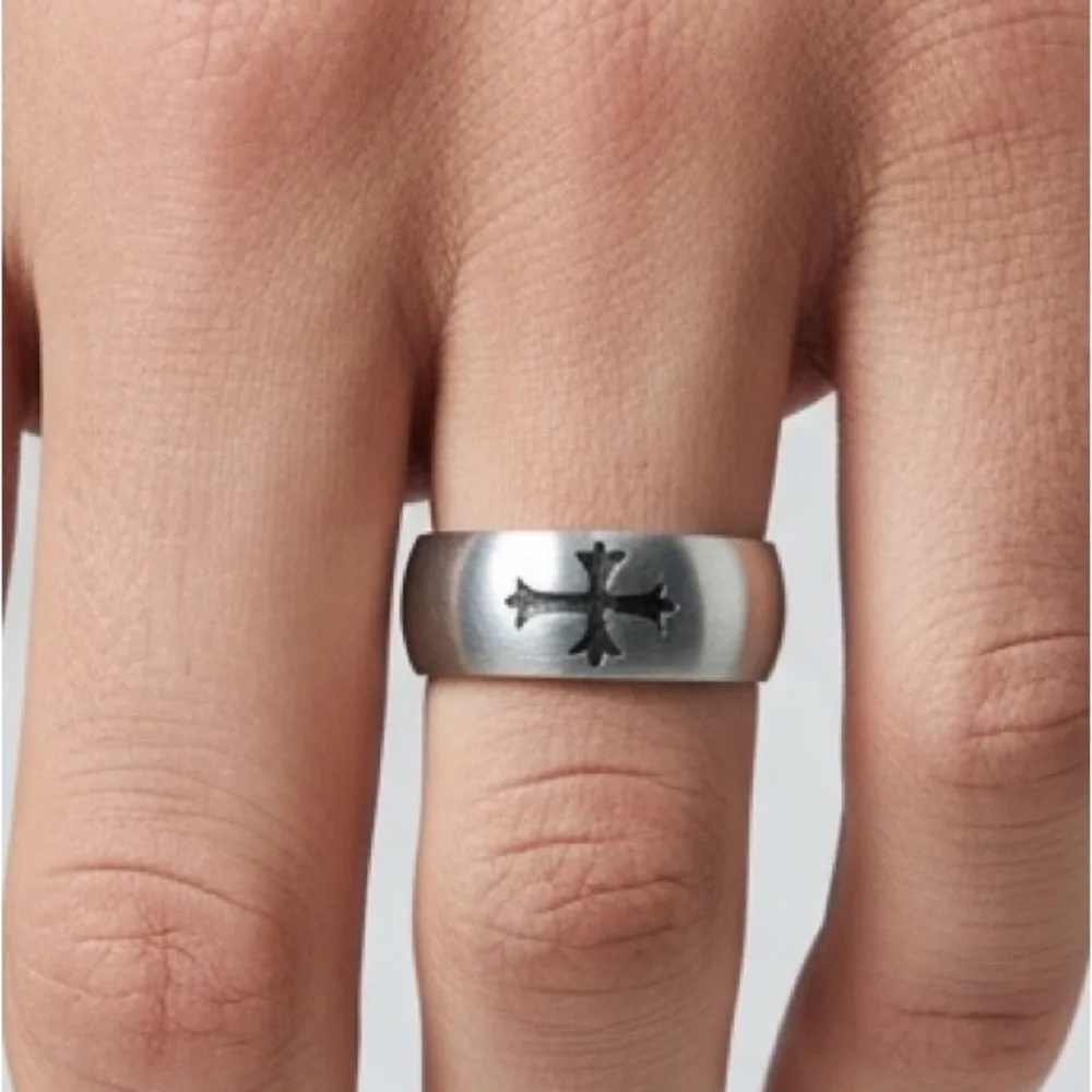 Stainless Steel Cross Ring band polished finish Black Cross Gothic Rock Biker